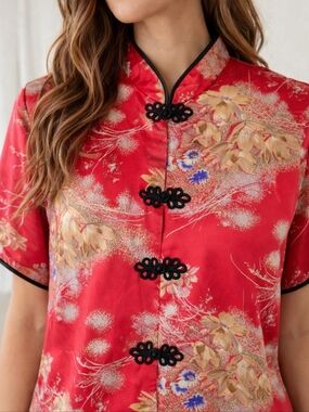 Vintage Chinese Silk Jacket Blouse XXXL / 16 | Mandarin Collar Frog Closure |